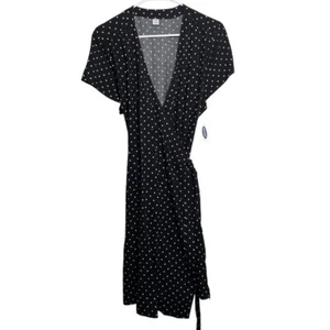 Old Navy Dress Women's XL Black Polka Dot V-Neck Wrap Short Sleeve Midi NWT - Picture 1 of 10