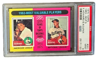 1975 Topps PSA 9 MINT 1963 MVP #201 HOF Sandy Koufax Elston Howard - Image 1 of 2