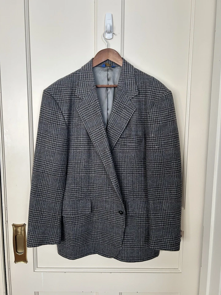 Blazer masculino vintage xadrez de lã tamanho 46R cinza preto clássico - Imagem 1 de 4