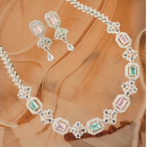 Braut Indisch Bollywood Versilbert Ethno AD CZ Schmuck Ohrringe Halskette Set - Bild 1 von 7