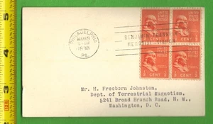 1938 FDC ½c 4 Block Stamps H F Johnston Geomagnetist Terrestrial Magnetism - Picture 1 of 2