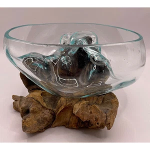 Handblown OneOf-A-Kind Molten Glass/ Sculptural Wood Fish Bowl/Terrarium/Trinket - Picture 1 of 18