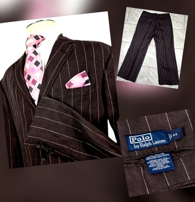 Vtg 90s Polo Ralph Lauren 100% Linen 2 Pc Suit Brown Chalk Striped 44 Long ITALY - Image 1 of 4