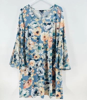 MSK Womens 2X Blue Floral Bell Sleeve Stretch Flowy Midi Boho Flirty P1032 - Image 1 of 4