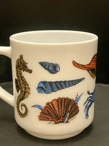 Vintage R Carman Milk Glass Mug Beach Cottage Seahorse Shell Crab Starfish - Picture 1 of 7