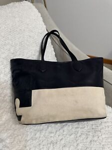 Tory Burch Tote XL Market Navy Blue Leather Natural Beige Canvas Stacked
