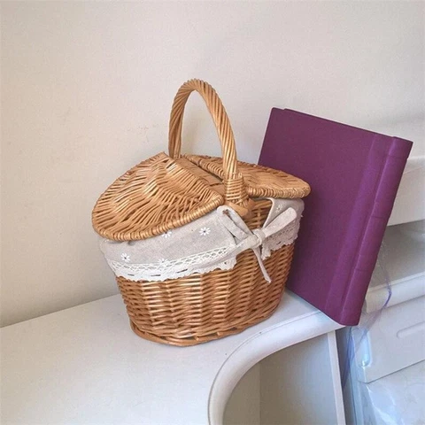 New Storage Picnic Basket Hamper With Lid Camping Food Hand Storage Containers Cover