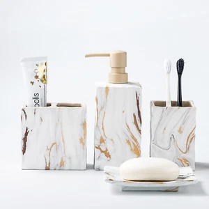 Bathroom Accessories Set 4 Pcs Marble Look Sets Toothbrush Holder Soap Dispenser - Picture 1 of 12