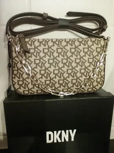 DKNY BRYANT Demi, zip top logo 2 straps, goldtone & brown crossbody BN box avail - Picture 1 of 19