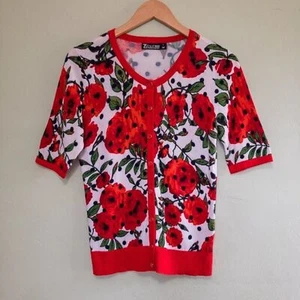 Maglione cardigan floreale Seventh Avenue Preppy leggero donna S rosso e bianco - Foto 1 di 7