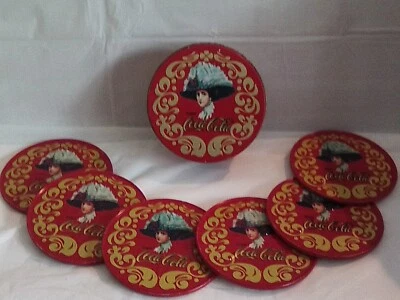 Vintage 6 Coca-Cola Coaster Set in Tin, Red Lady, Metal Cork Coasters B19 - Image 1 of 2