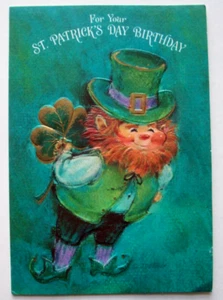Leprechaun w shamrock embossed vintage St. Patrick's Day Birthday card *AA13 - Picture 1 of 3