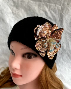 Mujer Sombrero Suave Gorro Tejido a Mano Lana Color Negro Cálido Boina Lentejuelas Sombrero - Imagen 1 de 6