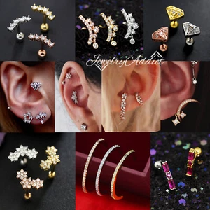 Gem Crystal Ear Cartilage Helix Ring Bar Stud Ear Cuff Climber Piercing Earring - Picture 1 of 268