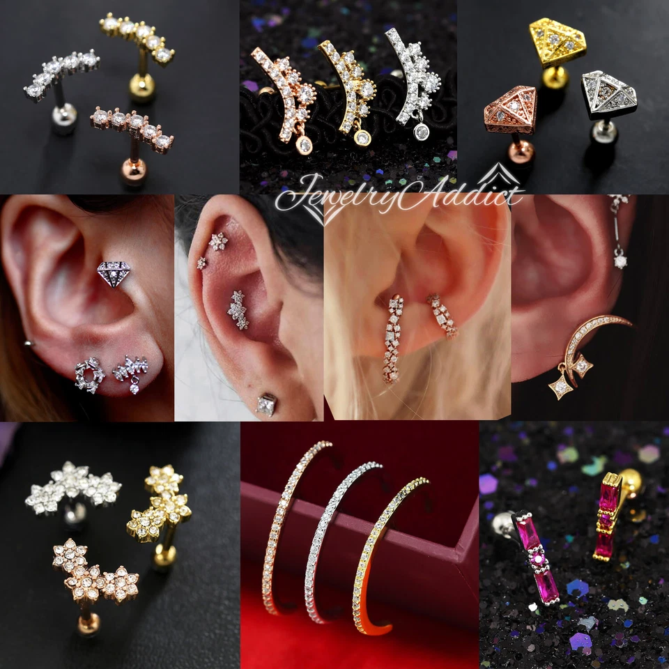 Gem Crystal Ear Cartilage Helix Ring Bar Stud Ear Cuff Climber Piercing Earring - Image 1 of 1
