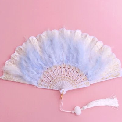 1X Plush Faux Feather Fur Hand Fan Retro Tasseled Accessory Party Club Bar Props - Image 1 of 4