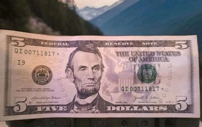 $5 ***Star***note from 2021,  serial # QI- 007711817* - Image 1 of 2