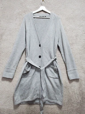 Hugo Boss Cárdigan Suéter Mujer XL Gris Lana Virgen Bolsillos Cinturón Botón Frontal Foto 1 de 4