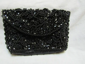 Vintage Small 5” Black Hand Seed Beaded & Sequin Fold Over Purse Lovely! - Picture 1 of 6