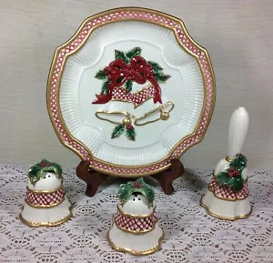 Fitz & Floyd "Holiday Bells" Canape Teller, Salz & Pfefferstreuer und Glocke Set - Bild 1 von 2