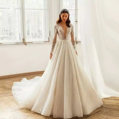Empire Wedding Dress V-Neck Long Sleeve A-Line Court Train - Image 1 of 4