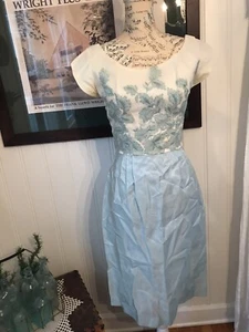 Vtg 50s Embroidered Wiggle Sea Glass Blue Party Dress Mod Jackie - Picture 1 of 6