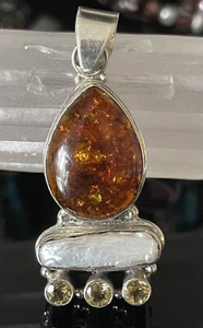 Sterling Silver Amber, Pearl & Citrine Pendant - Picture 1 of 9