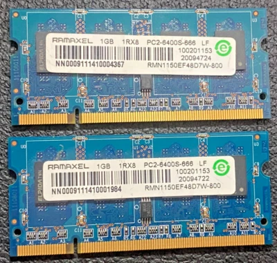 RAMAXEL 2x 1GB (Totol: 2GB) 1RX8 PC2-6400S-666 LAPTOP MEMORY RAM RMN1150EF48D7W - Image 1 of 4