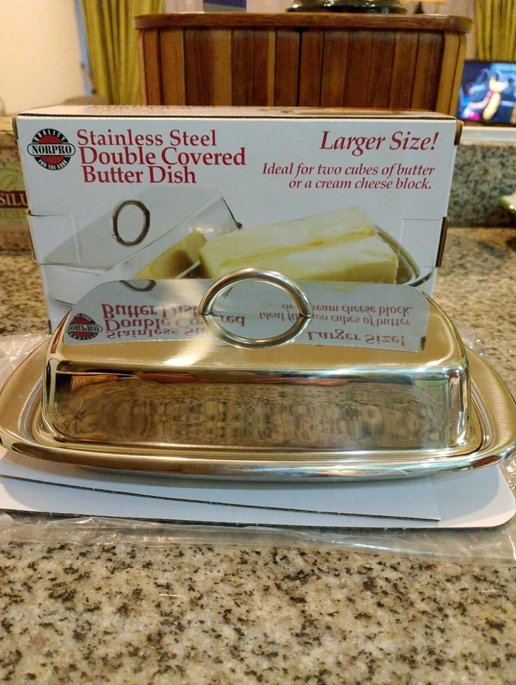 Plato de mantequilla de doble cubierta de acero inoxidable Norpro 7,5" L x 4" W x 2,5" H Foto 1 de 4