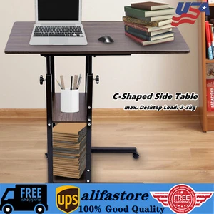 C-Shaped Side Table Height Adjustable Bed Sofa End Table Storage Shelf w/ Wheels - Picture 1 of 20