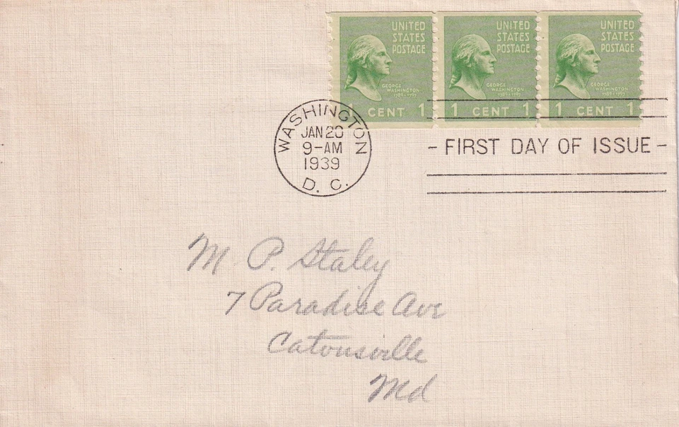 USA 1939 FIRST DAY COVER, COIL STRIP OF 3, GEORGE WASHINGTON  - Image 1 of 1