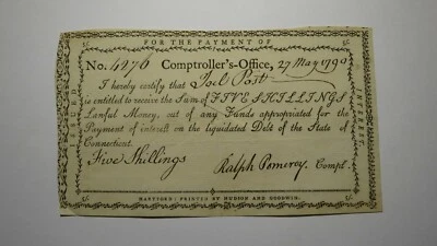 1790 5 Shillings Connecticut Comptroller's Office Colonial Currency Note Pomeroy - Image 1 of 2