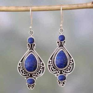 Lapis Lazuli Gemstone Drop/Dangle Earring 925 Sterling Silver Gift Jewelry R-122 - Picture 1 of 6