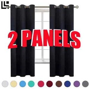 2X Blockout Curtains Thermal Bedroom 100% Blackout Curtains Fabric Pair Eyelet - Picture 1 of 36