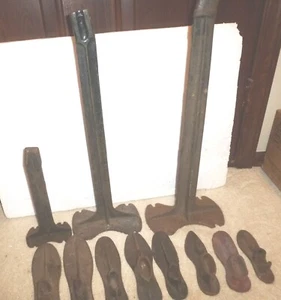 Vintage Cobblers Set 3 Stands , 8 Shoe Forms Molds Antique Cast Iron - Picture 1 of 12