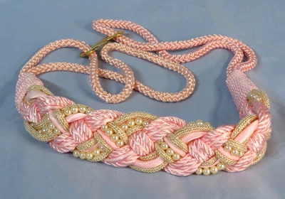 Vintage PINK & GOLD Cummerbund Belt BRAIDED WOVEN Satin Cord & Faux Pearls 38" L - Image 1 of 4