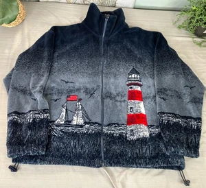VTG Milton Funwear Fleece Jacket Lighthouse Sailboats All Over Print Womens 2XL - Picture 1 of 18