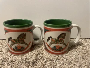 Vintage Otagiri Holiday Schaukelpferd grüner Rand Porzellan Kaffee Tee zwei Tassen Fraser - Bild 1 von 6