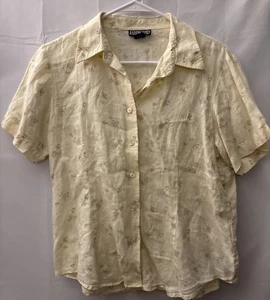 Lands End Damen 100% Leinen Bluse 12P Knopfleiste Blumen Kurzarm Beachy - Bild 1 von 6