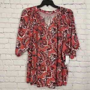 Westbound Woman Top 3X Pink Paisley Button Up V Neck Blouse NEW - Picture 1 of 10