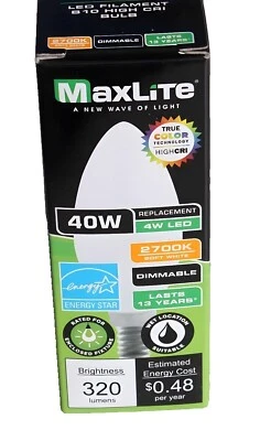 4 LOT MAXLITE FROSTED 4W/40W LED DIMMABLE CANDELABRA BULBS E12 BASE SOFT WHITE - Image 1 of 2