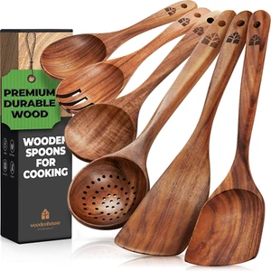 Wooden Spoons for Cooking – Wooden Kitchen Utensils Set, 6 Pcs Teak Wood Utensil - Picture 1 of 12