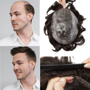 Mens Hair Replacement System Thin Skin Toupee Hairpiece Real Human Hair Wig Bald - Picture 1 of 40