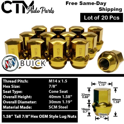 20x Gold Buick Lacrosse Regal OEM Factory Wheel Lug Nut 14x1.5 Fit Stock Wheel - Image 1 of 3