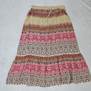 Cynthia Rowley S Stretchy Waist Boho Print Midi Skirt Pink Cream Floral Beads  - Picture 1 of 6
