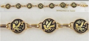 Damascene Gold Link Bracelet Round Dove of Peace Design by Midas of Toledo Spain - Picture 1 of 3