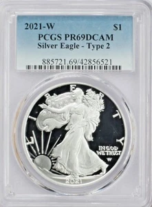 2021-W 1 oz. Silver Eagle Type-2 $1 PCGS PR69 DCAM. Free Shipping. - Picture 1 of 2