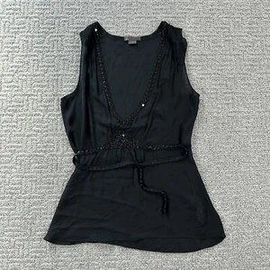 Armani Exchange Shirt Small S Black 100% Silk Tank Top Deep V Neck Belted Womens - Picture 1 of 12