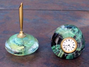 Unique Irish Art Glass green swirl desktop set pen holder & clock paperweights - Picture 1 of 3