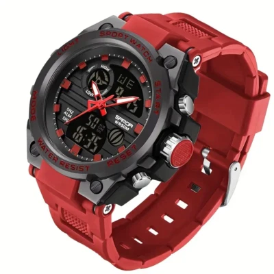 Reloj deportivo analógico digital LED rojo para hombre doble pantalla correa de resina negra duradera Foto 1 de 4
